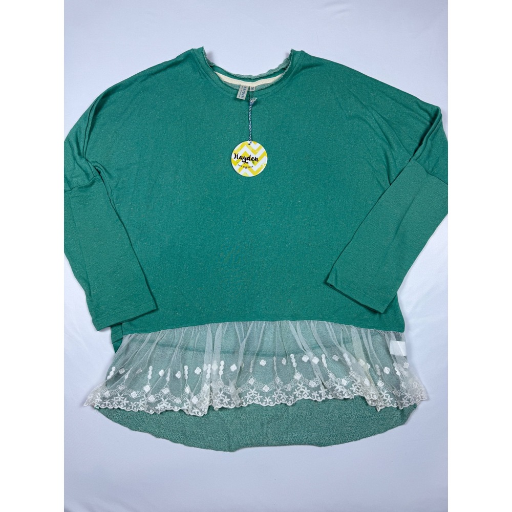 Hayden Los Angeles Green Lace Trim Long Sleeve Top N2239 Womens S/M New
